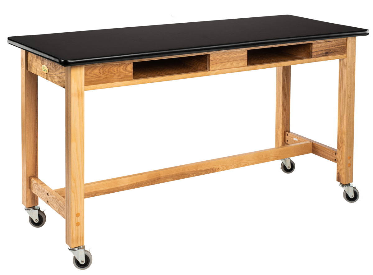 Black Ash Wood Science Lab Table with Book Compartments and Casters N5381