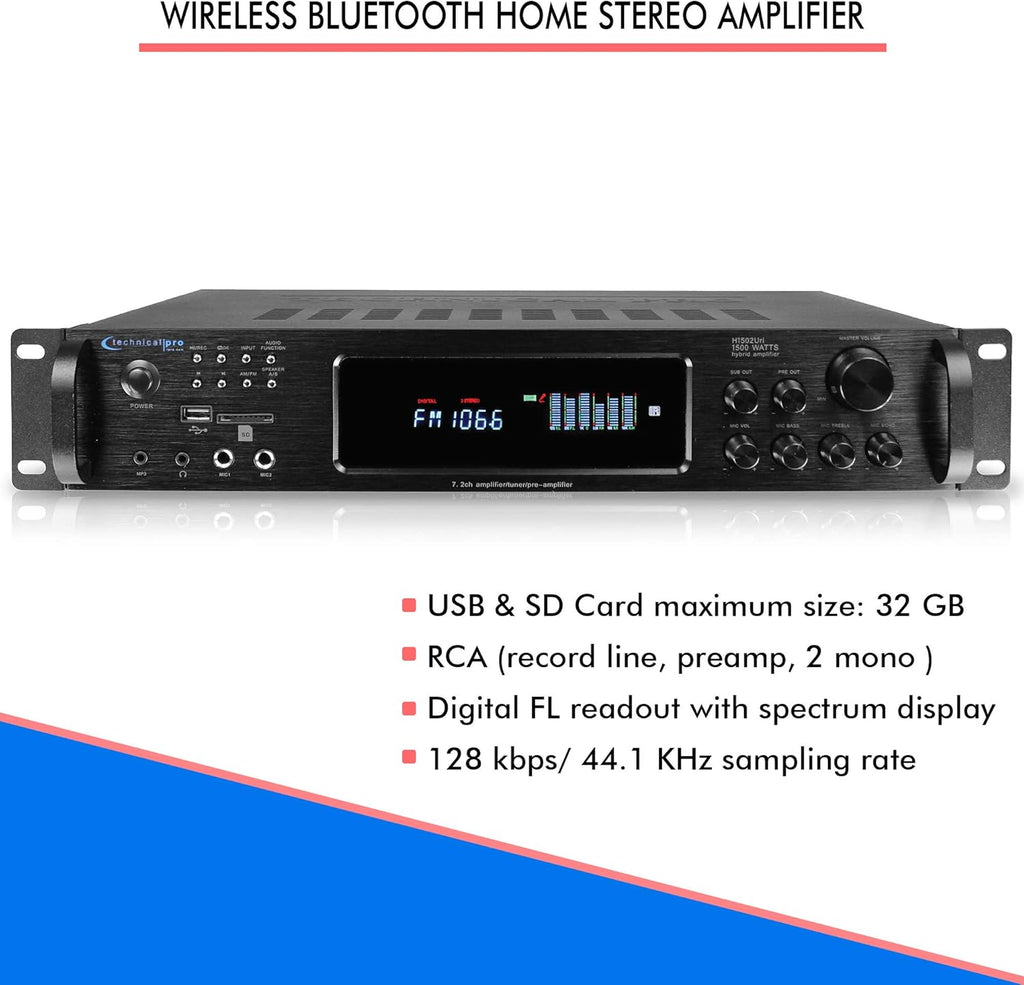 1500 Watt Bluetooth Hybrid Amplifier with USB and SD Inputs, Pack of 2 S259188