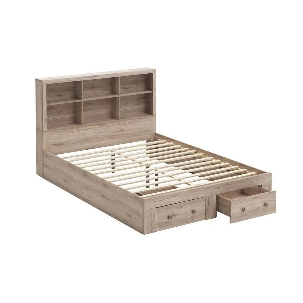Queen Size Rustic Oak 2 Drawer Storage Platform Bed Y264