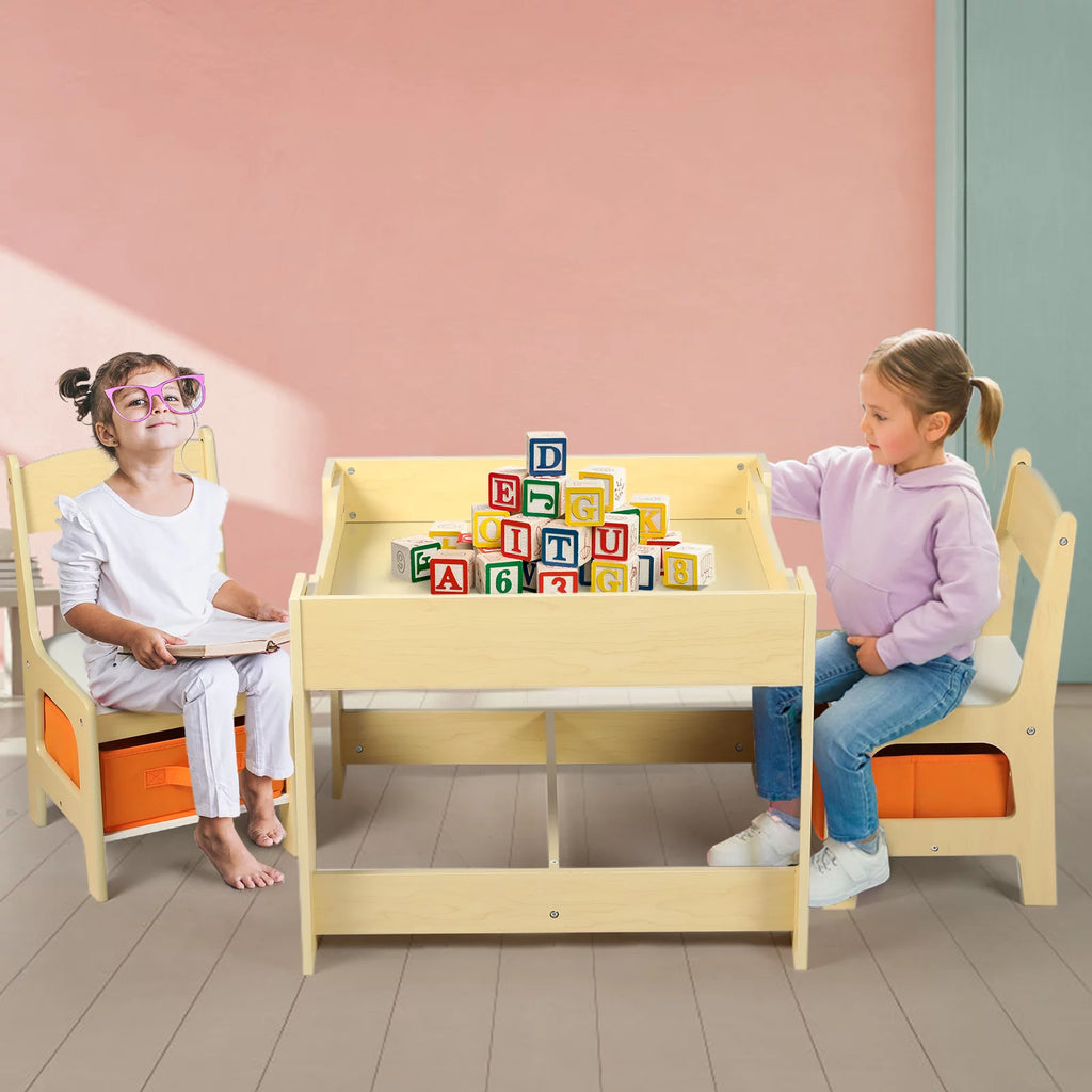 3 in 1 Kids Wood Table & 2 Chairs Set with Storage M8114