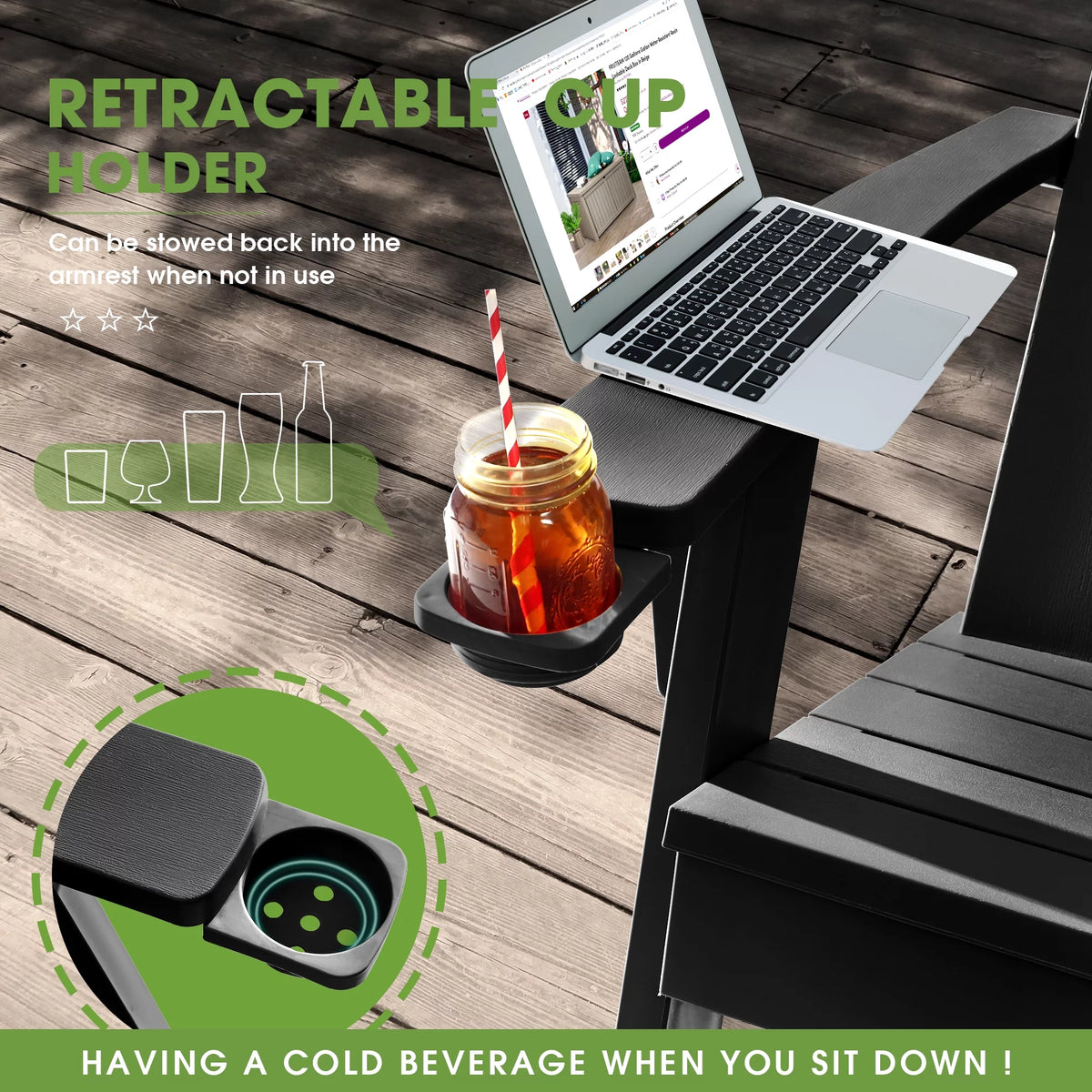 Black Plastic Adirondack Chair with Cup Holder D69288
