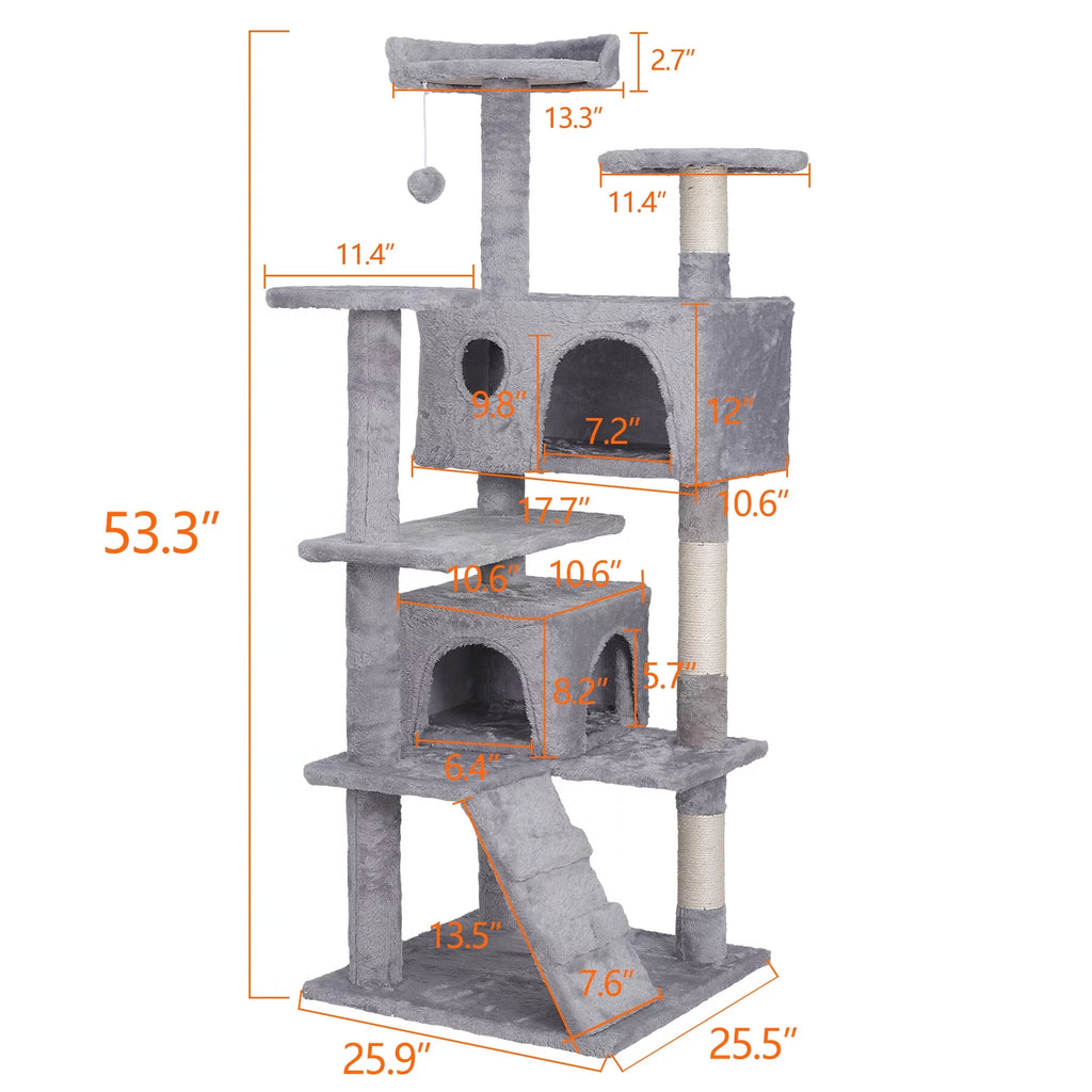55-in Light Gray Cat Tree & Scratching Post Tower E677