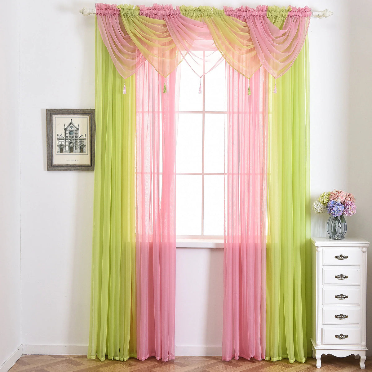 15 Color Solid Sheer Voile Curtains with Tassle P9451