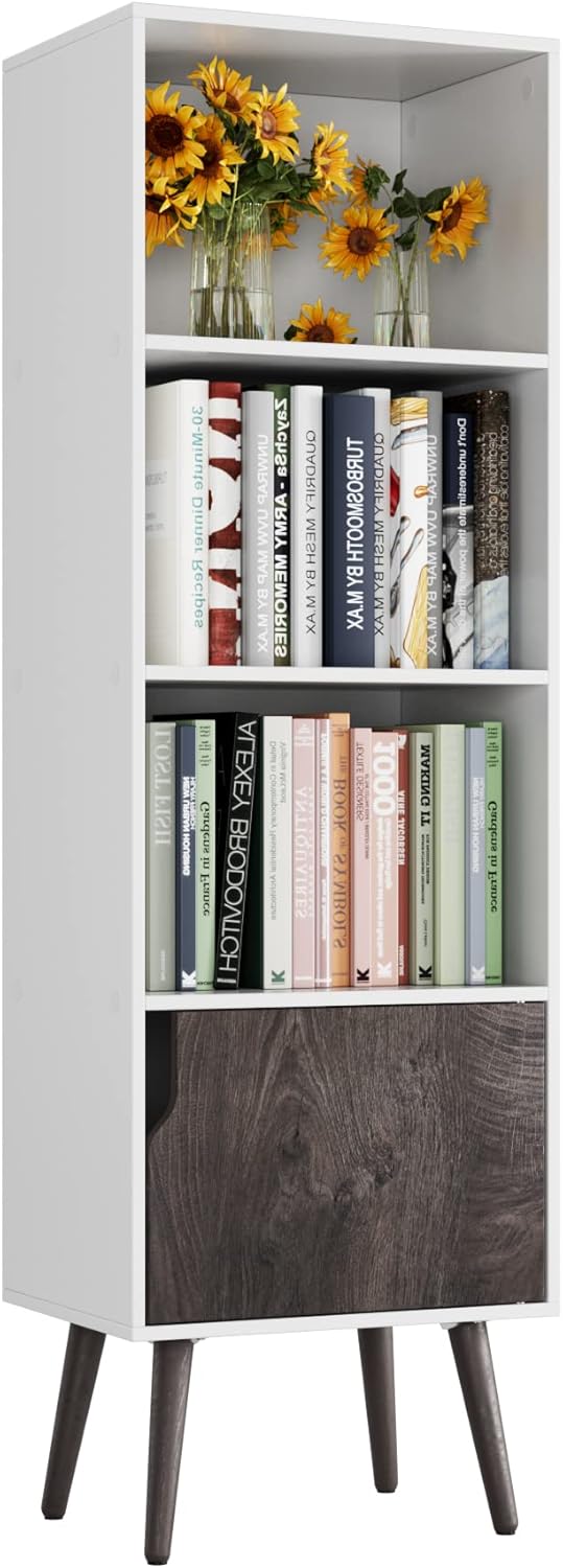 4 Tier Wooden Display Bookshelf, Bathroom Floor Cabinet with 4 Legs, Freestanding Side Corner Storage Cabinet Decor Furniture for Home Office, White/Dark Oak Z15345