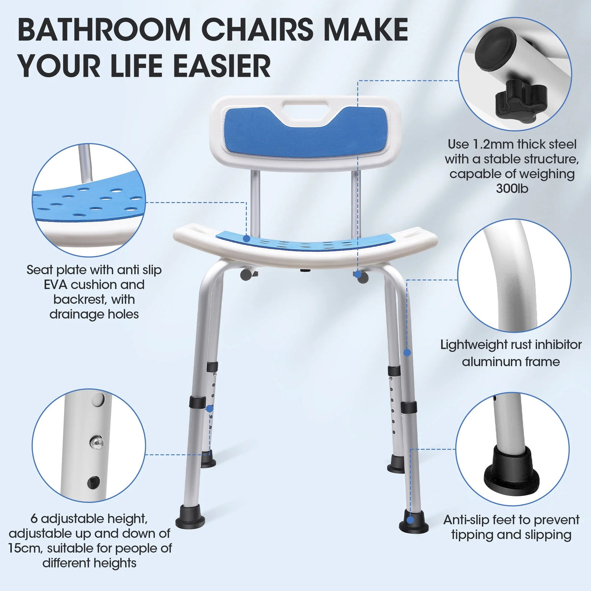 Bath and Shower Chair with Back and Padded Armrests, Height Adjustable Q10217