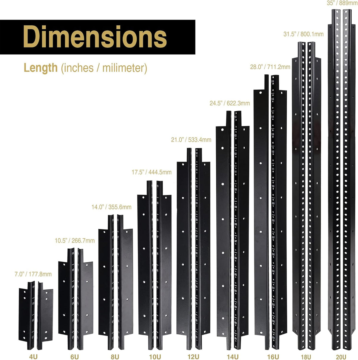 4-pack 12U Steel Rack Rails with Black Powder Coated Finish and Screws U585311