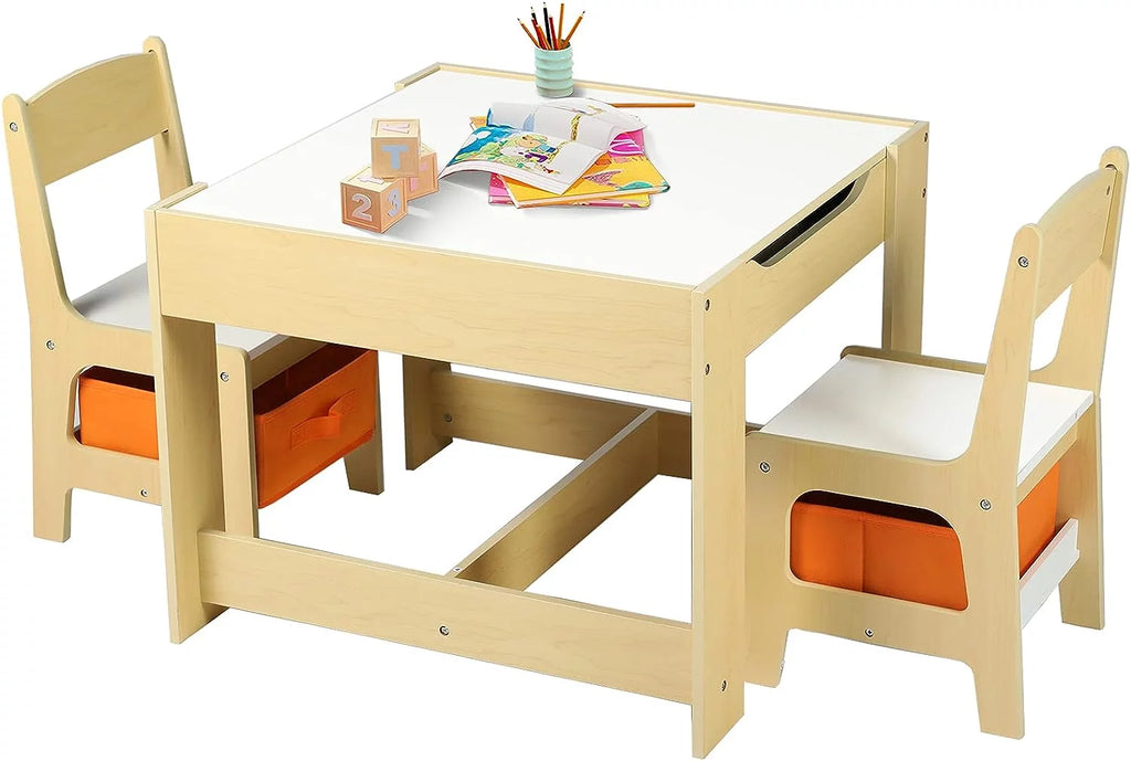 3 in 1 Kids Wood Table & 2 Chairs Set with Storage M8114