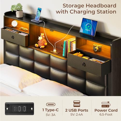 Black Full Size Upholstered Platform Bed Frame with Drawers and Storage Headboard F10228