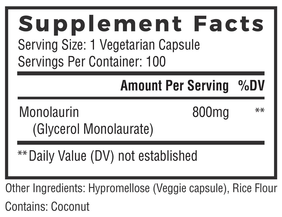800mg Monolaurin Capsules 100 Count Vegan Non-GMO Gluten Free Supplement W9226
