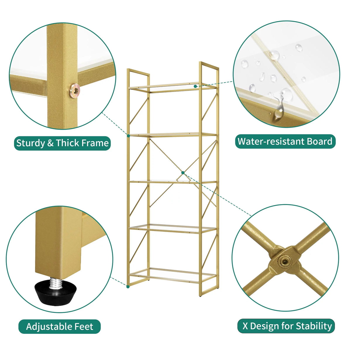 5-Tier Gold Bookshelf with Metal Frame R11021