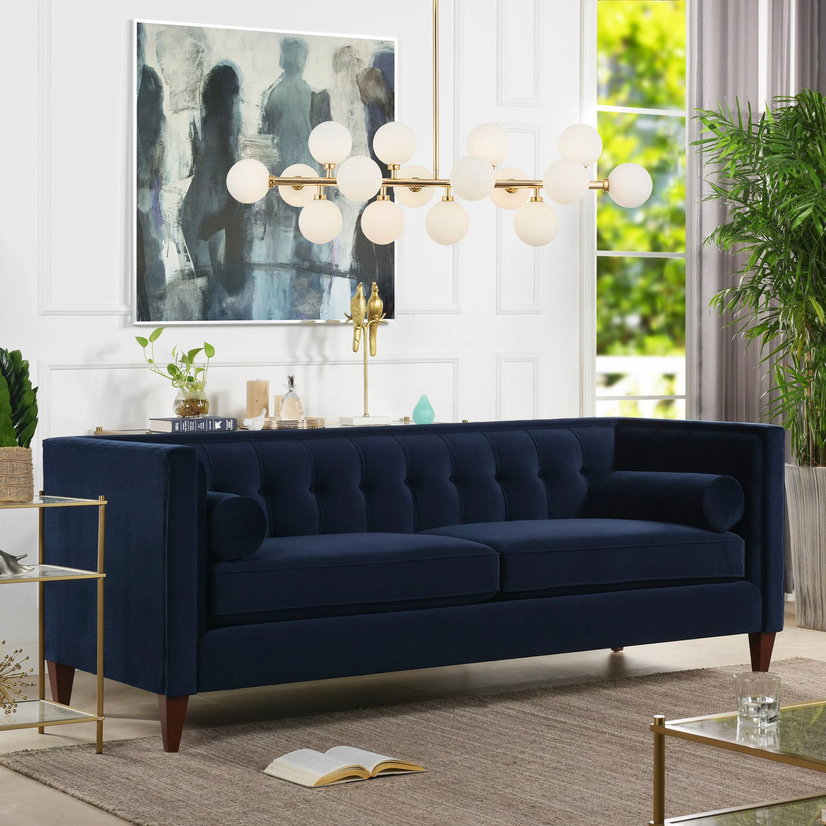84" Tufted Tuxedo Sofa Cloud White Performance Velvet Q502