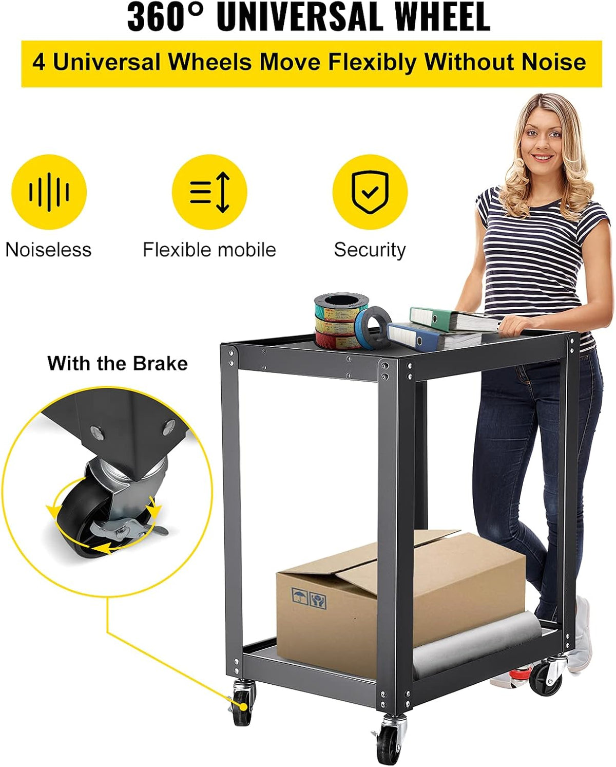 AV Cart with Power Strip, 2 Shelves, 4 Rolling Casters and 2 Locking Brakes N803