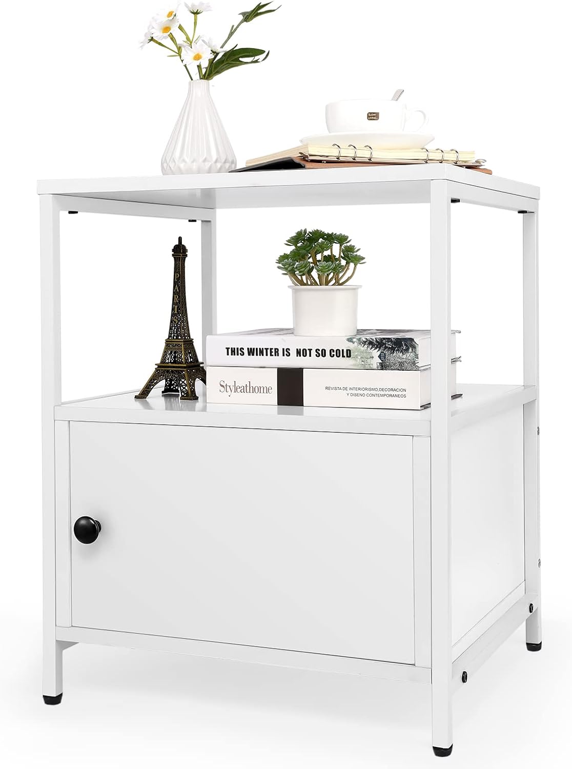 Black 3-Tier Wooden Nightstand with Storage Cabinet and Open Shelf X23097