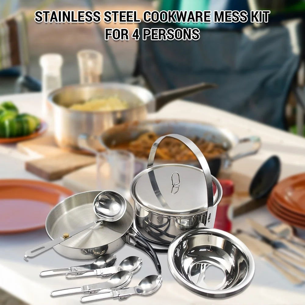 Stainless Steel Camping Cookware Set for 4 with Pot, Pan, Bowls, Folding Sporks V31346