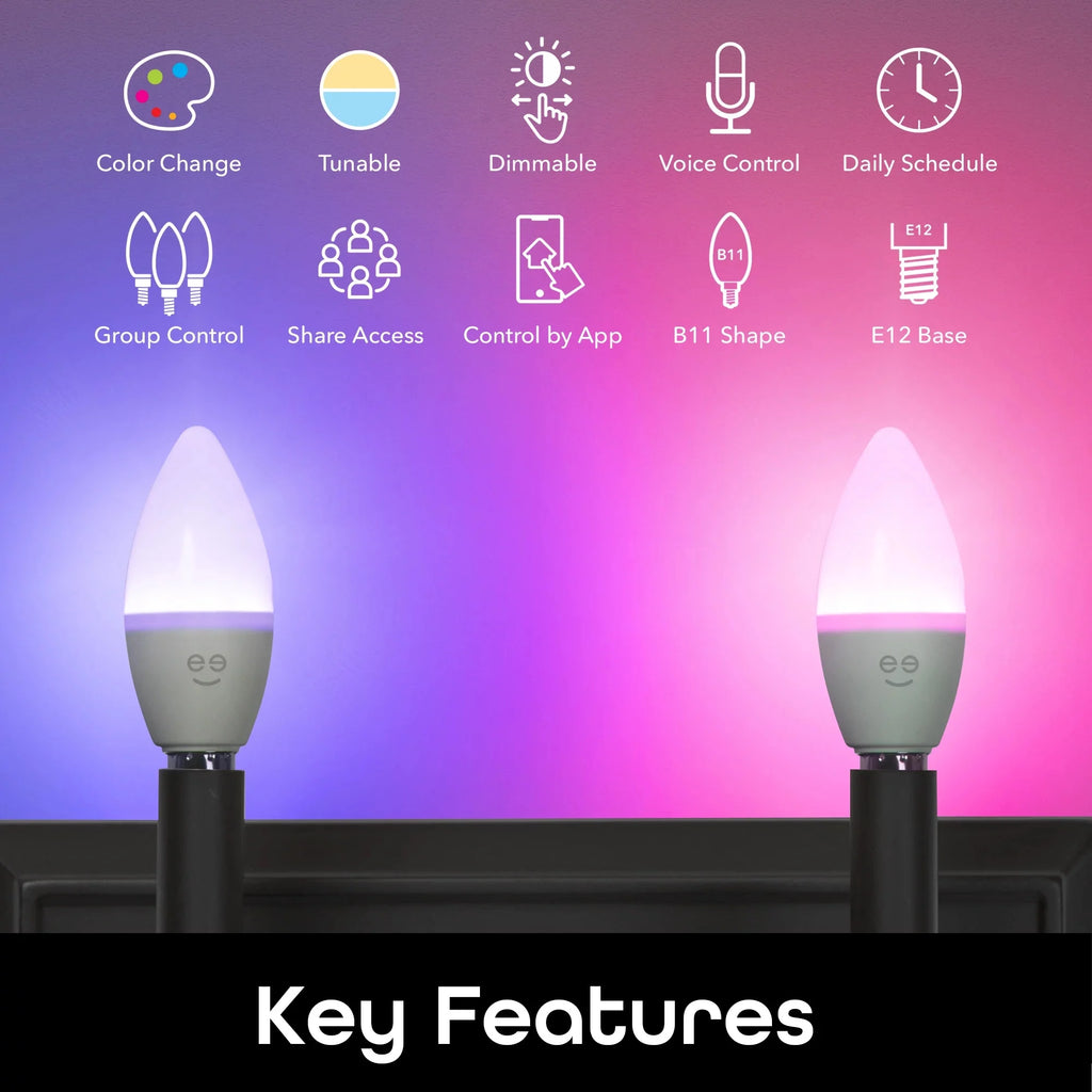 Wi-Fi LED Smart Bulb, 4W, E12 Base, Tunable and Dimmable RGB Bulb (4 Pack) R77720