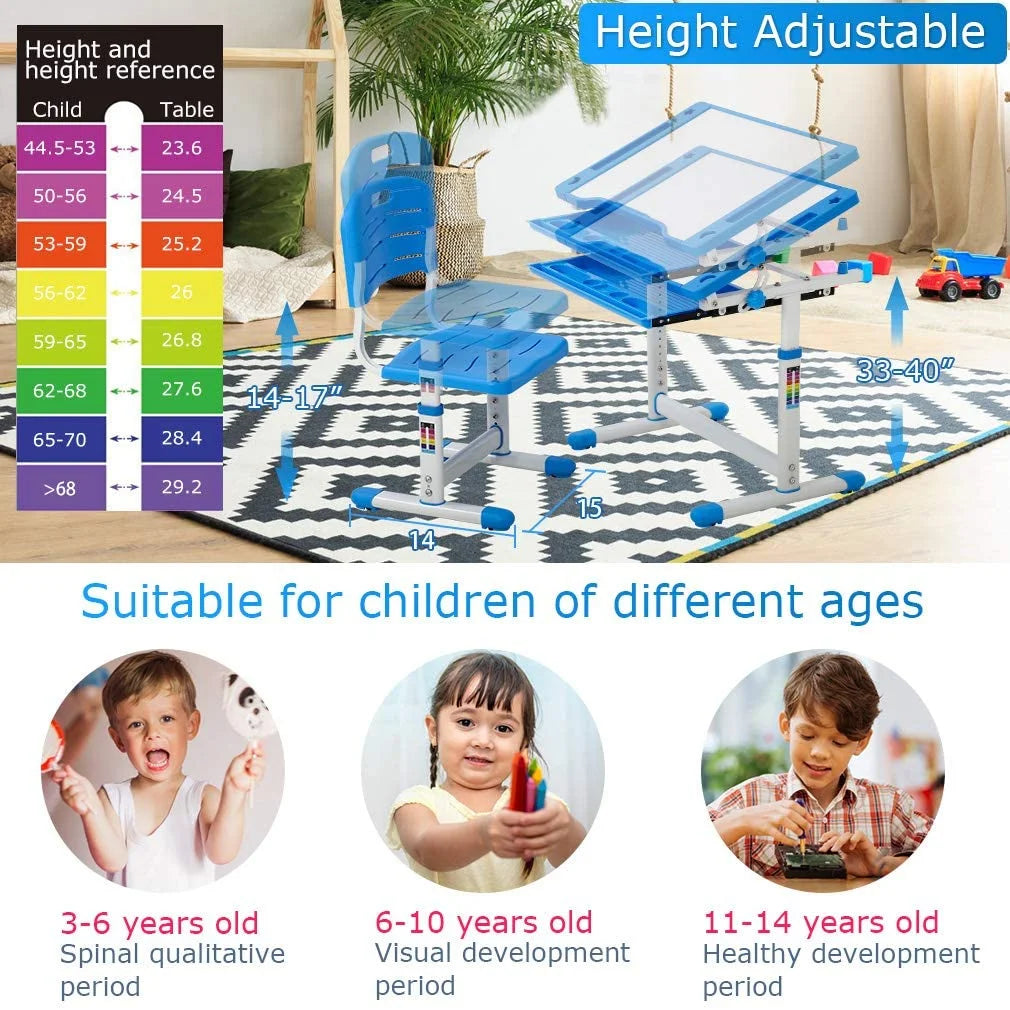 Height Adjustable Children's Study Desk Table Chair Set with Drawer Y745326