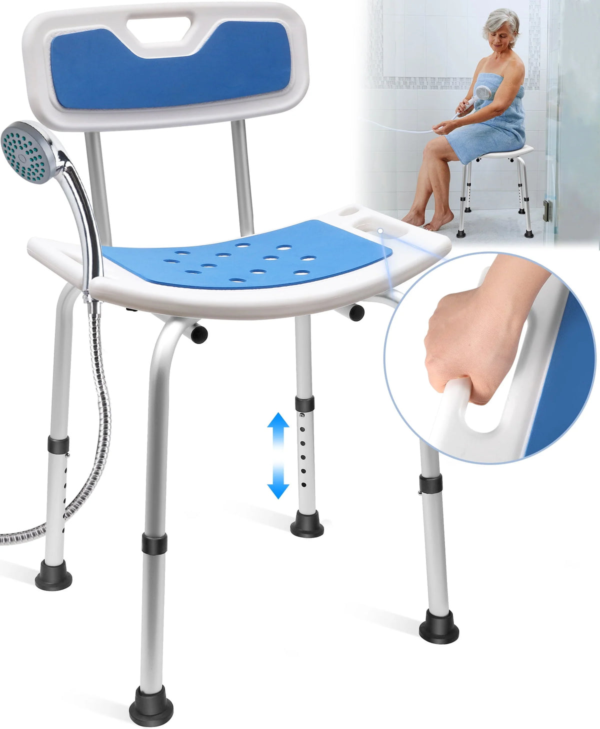 Bath and Shower Chair with Back and Padded Armrests, Height Adjustable Q10217