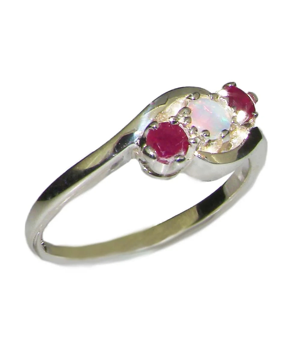 18k White Gold Natural Opal & Ruby Trilogy Ring A861