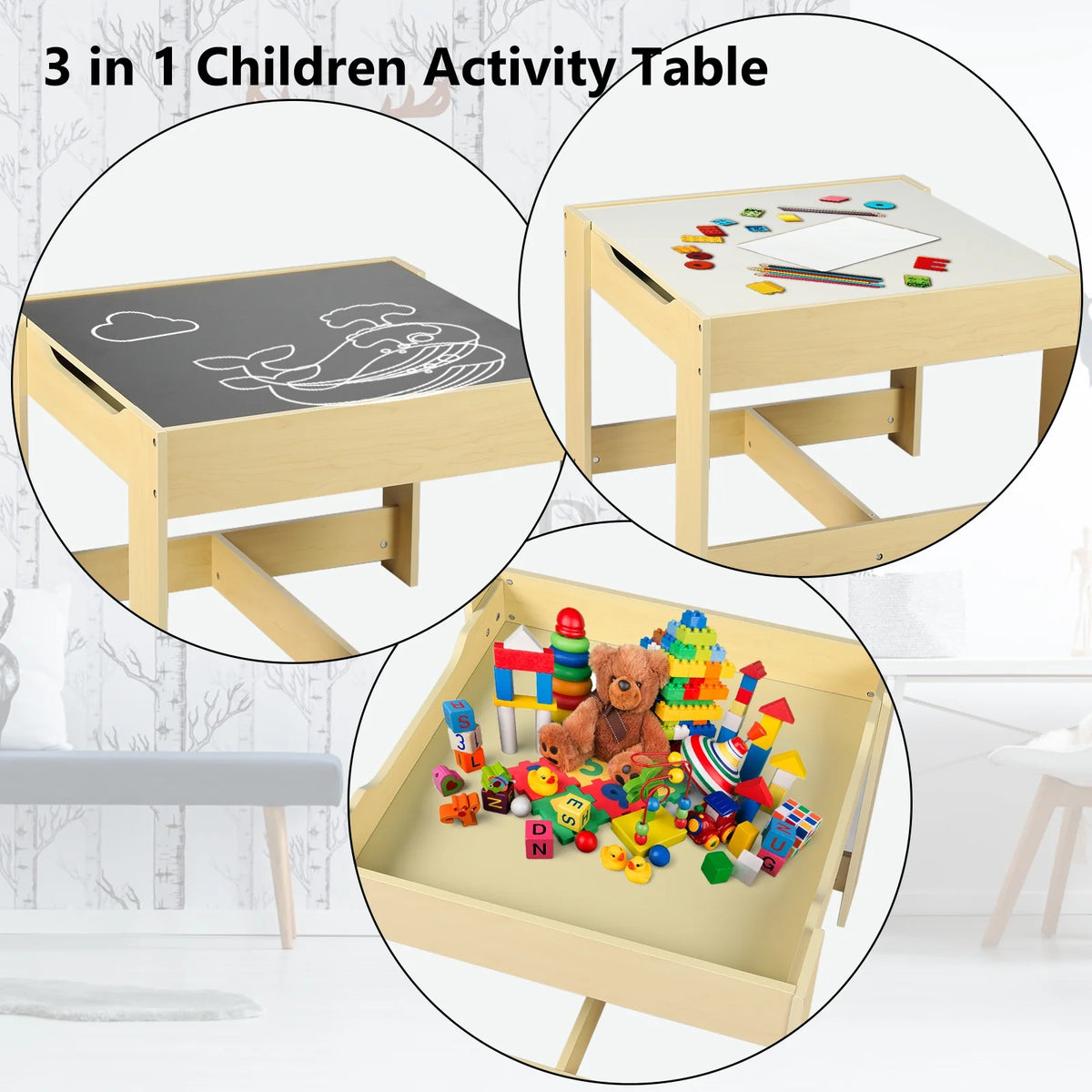 3 in 1 Kids Wood Table & 2 Chairs Set with Storage M8114