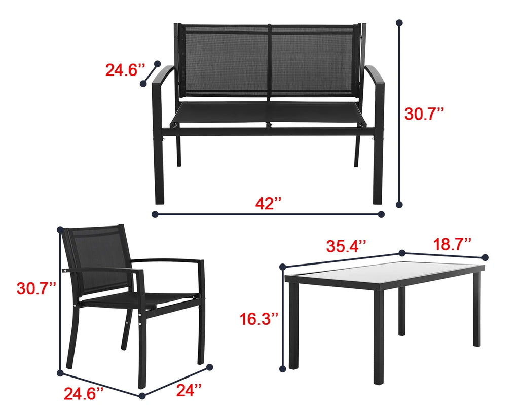 4 Piece Patio Conversation Set with Tempered Glass Tabletop Black L41261