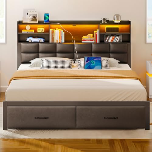 Black Full Size Upholstered Platform Bed Frame with Drawers and Storage Headboard F10228