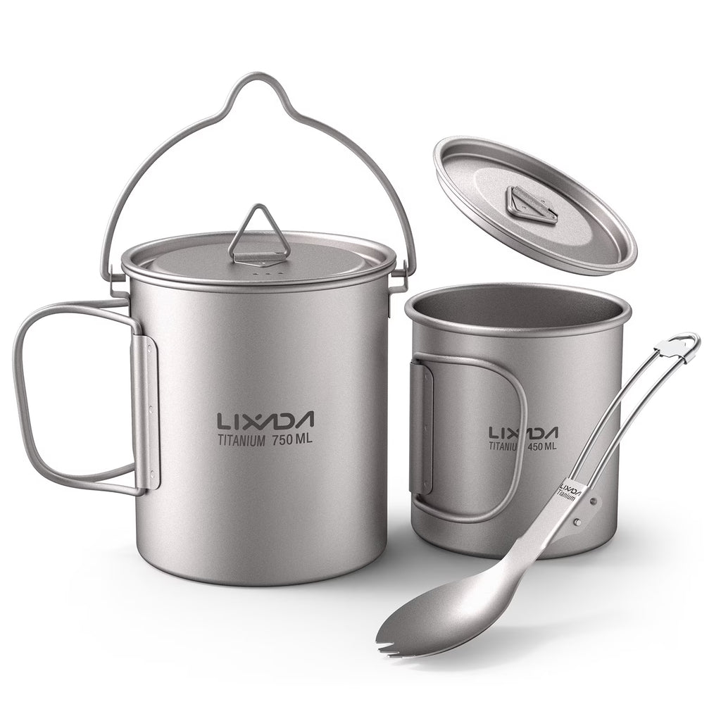 Titanium 3 Pieces Set 750ml Pot 450ml Cup with Lid Folding Spork R811
