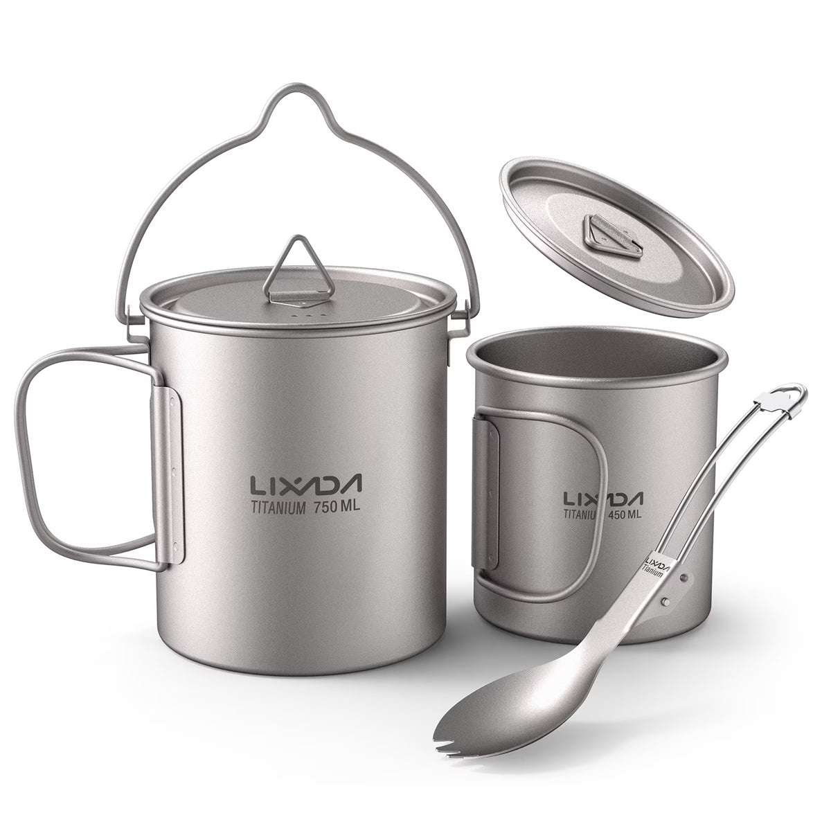 Titanium 3 Pieces Set 750ml Pot 450ml Cup with Lid Folding Spork R811