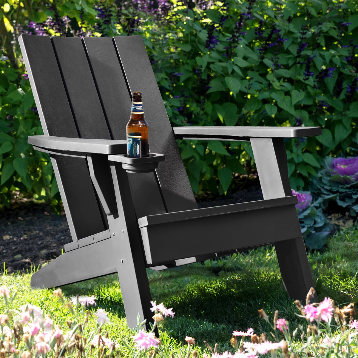 Black Plastic Adirondack Chair with Cup Holder D69288