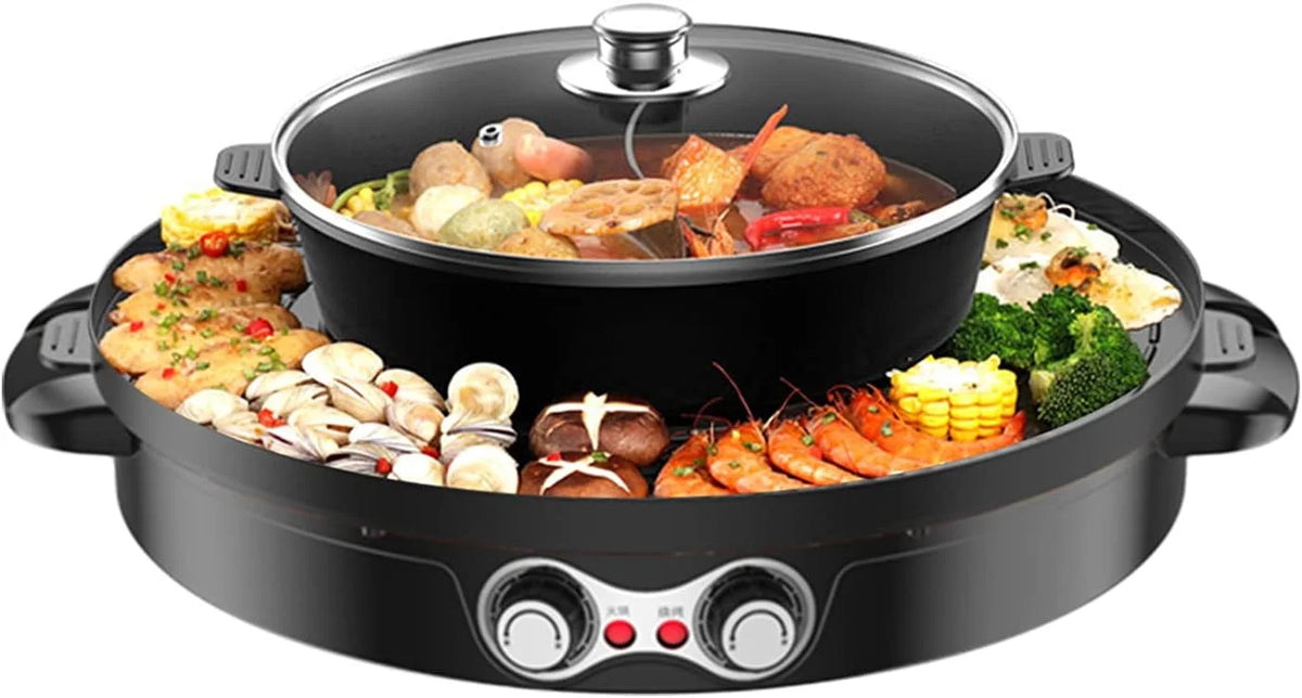 2 in 1 Electric BBQ Grill Hot Pot Double Separation Grill Pan Ceramic Coating Smokeless E8781