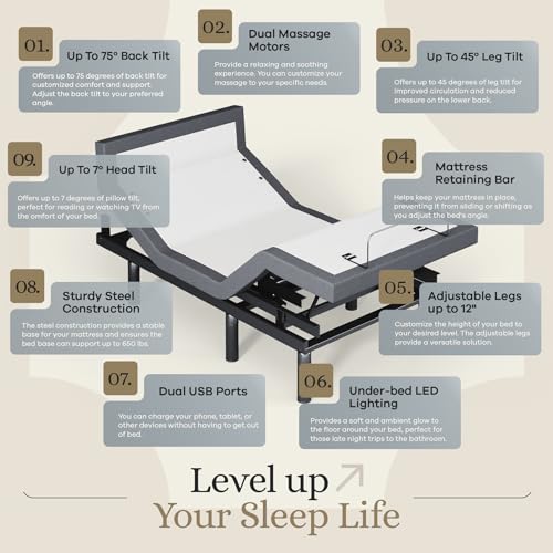 Adjustable Bed Base with Head and Foot Lift, Massage, USB, Zero Gravity V5586