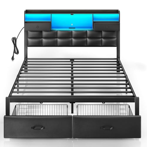 Black Full Size Upholstered Platform Bed Frame with Drawers and Storage Headboard F10228