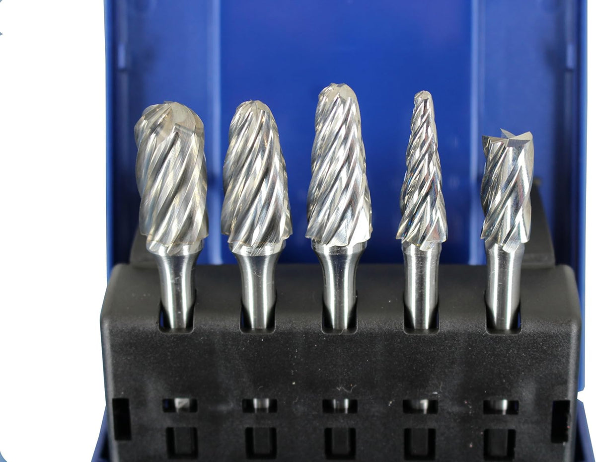 5 pc Set Aluminum Carbide Rotary Burr File, 1/2 Inch and 3/8 Inch Head, 1/4 Inch Diameter 2 Inch Long Shank J629