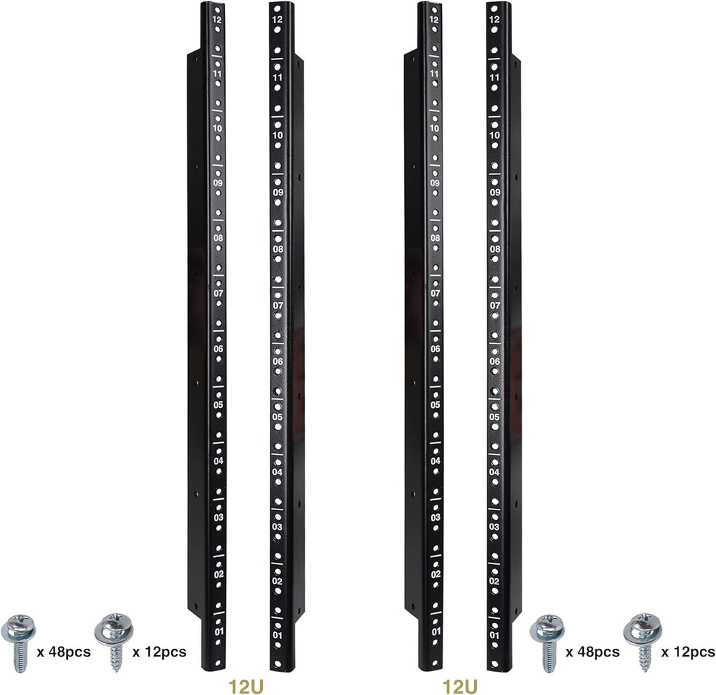4-pack 12U Steel Rack Rails with Black Powder Coated Finish and Screws U585311