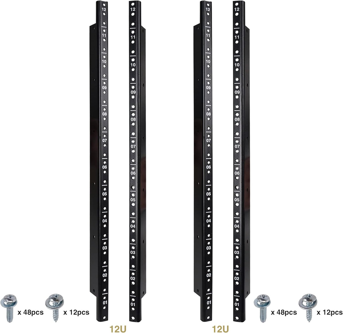 4-pack 12U Steel Rack Rails with Black Powder Coated Finish and Screws U585311