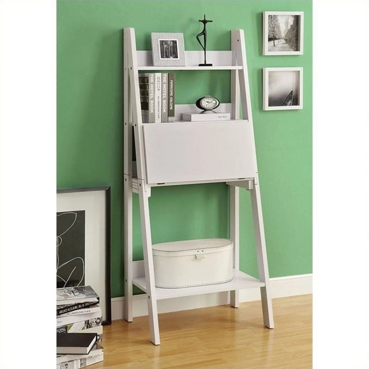 White Ladder Bookcase with Drop-Down Desk R934