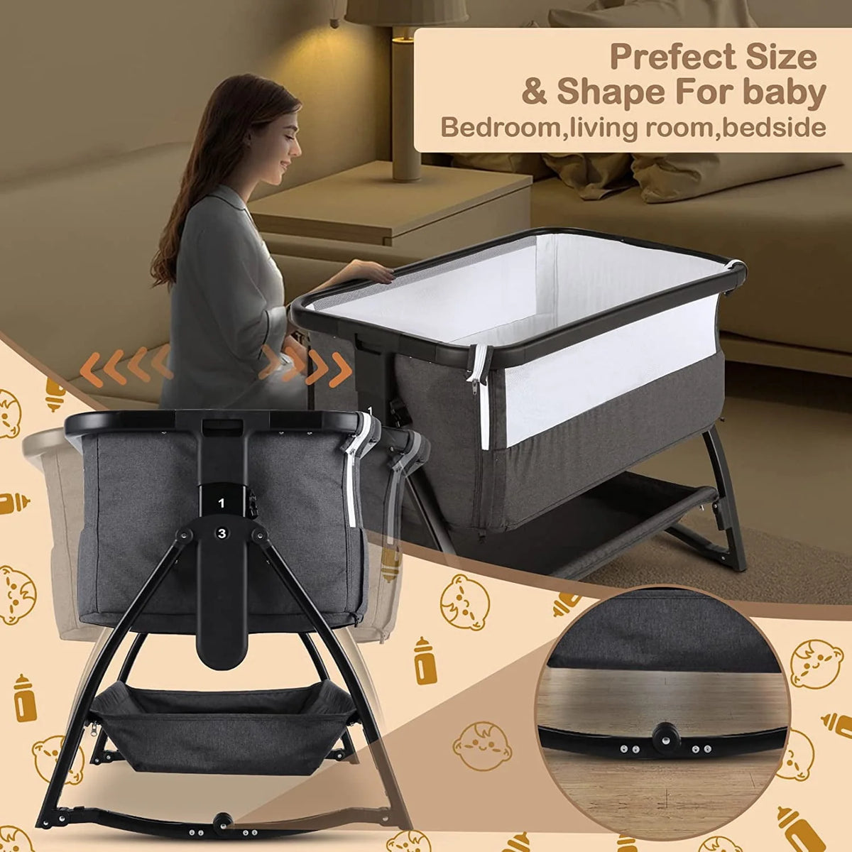 Baby Bassinet Bedside Sleeper Adjustable 7-Level Portable Bed Light Gray T579