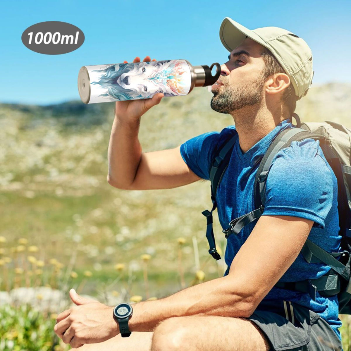 Blue Stainless Steel Insulated Water Bottle with Straw Lid E7308