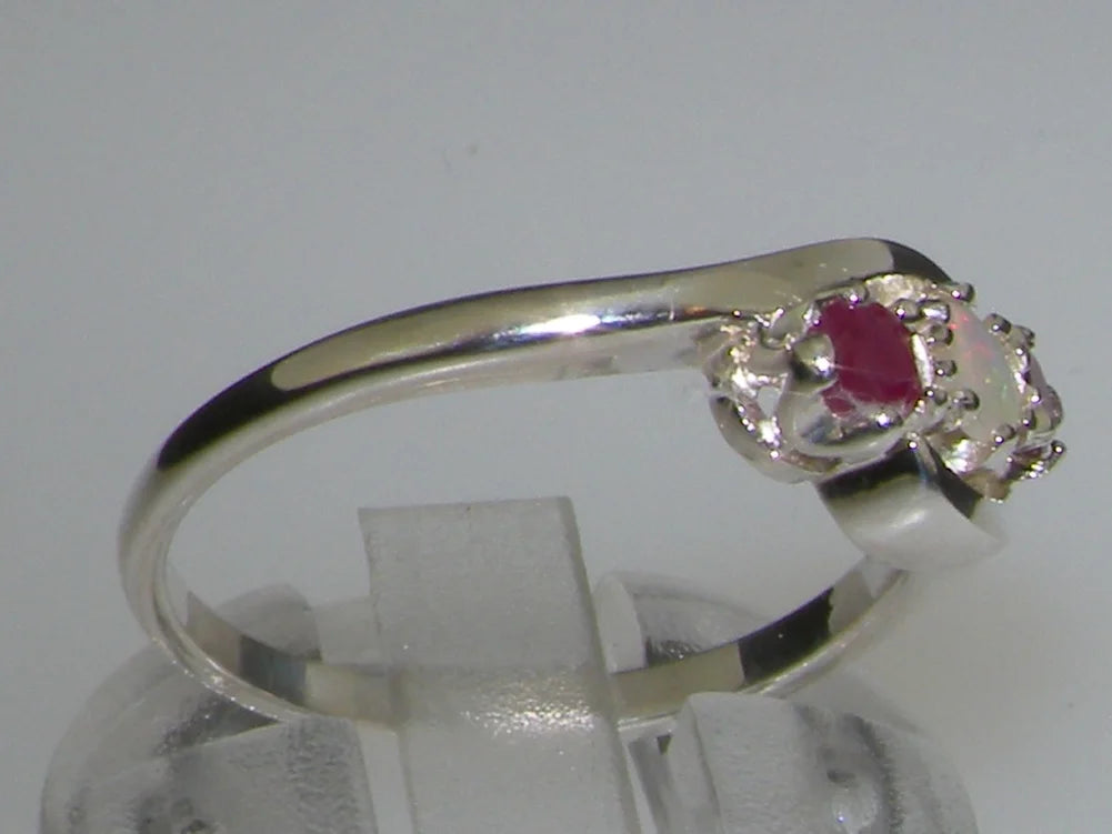 18k White Gold Natural Opal & Ruby Trilogy Ring A861