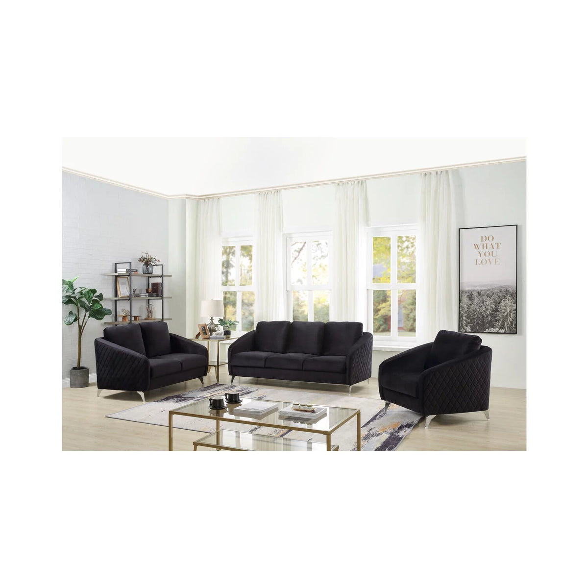 Black Velvet Fabric Sofa Loveseat Chair Living Room Set E77133