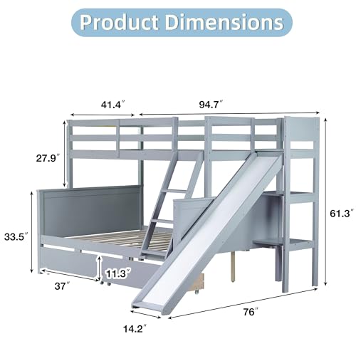 Twin Over Full Wood Bunk Bed with Slide and Storage Drawers H79311