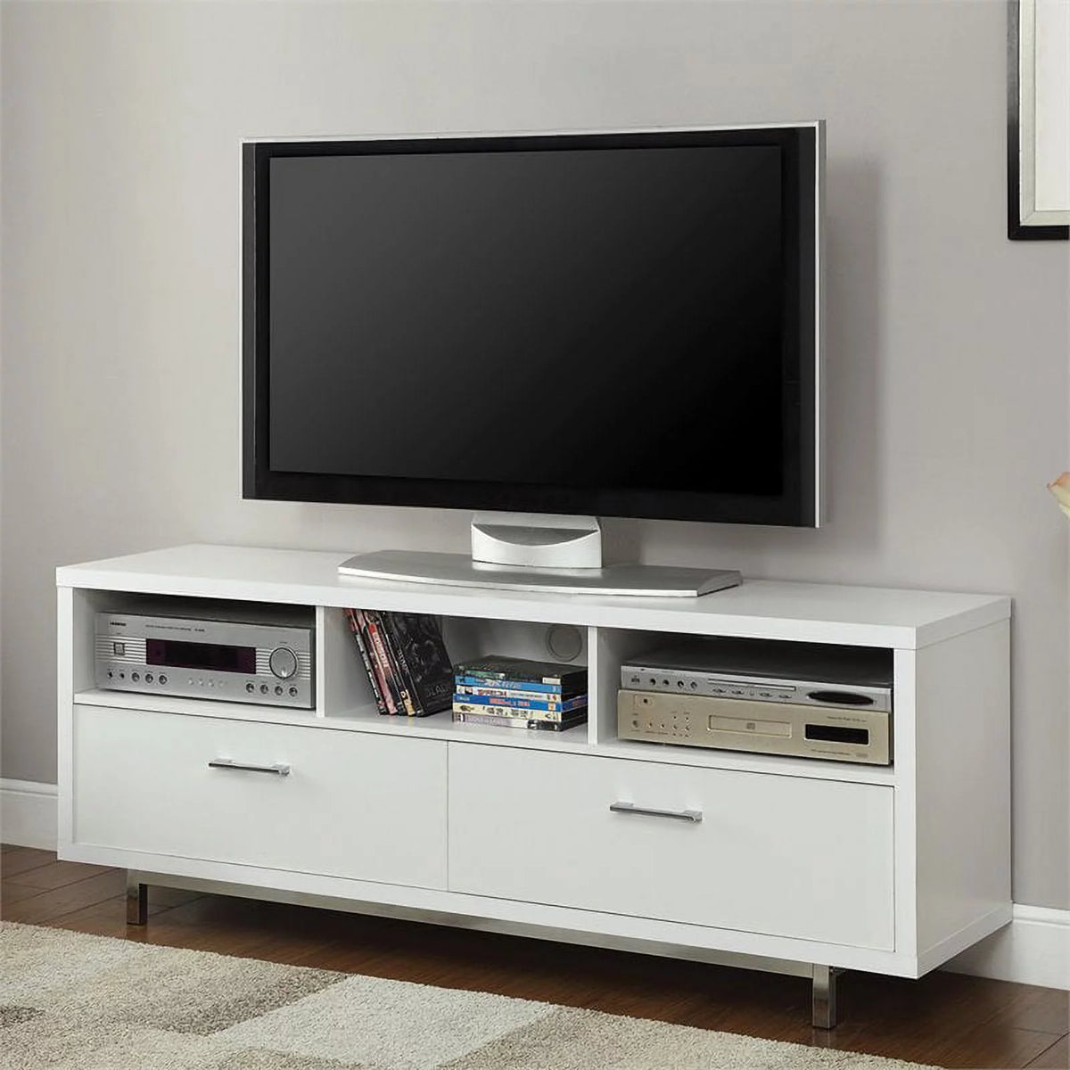 White and Chrome 3 Compartment 60" TV Stand S5718