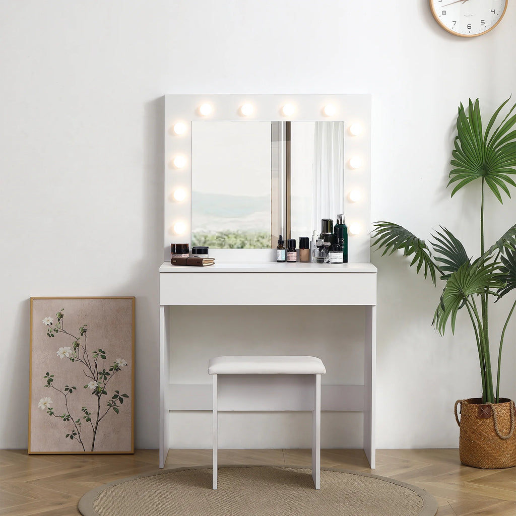 White Vanity Table with Lighted Mirror and Stool E102274