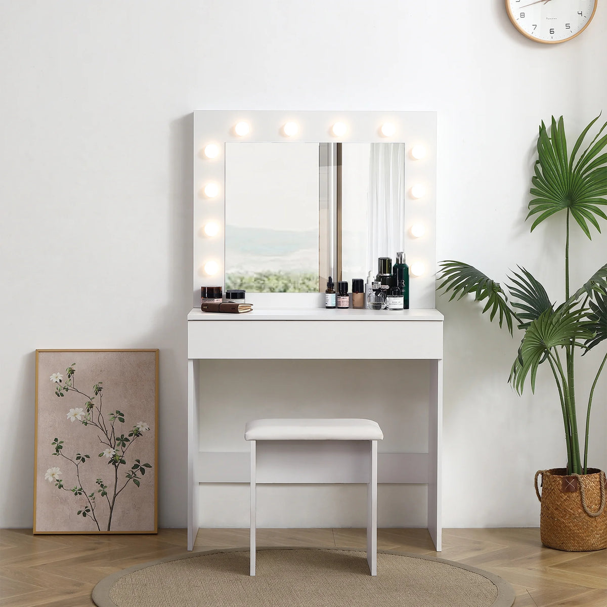 White Vanity Table with Lighted Mirror and Stool E102274