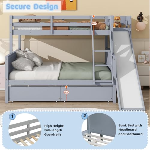 Twin Over Full Wood Bunk Bed with Slide and Storage Drawers H79311