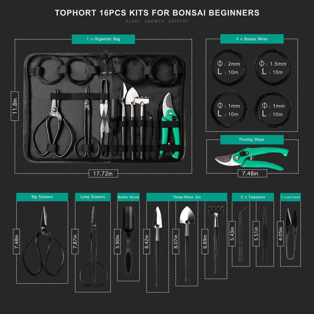 16PCS Bonsai Tree Kit with Pruning Shears and Carbon Steel Scissors L16600