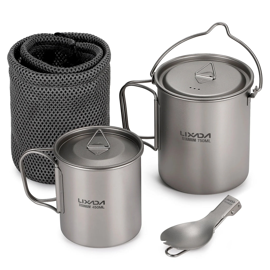 Titanium 3 Pieces Set 750ml Pot 450ml Cup with Lid Folding Spork R811