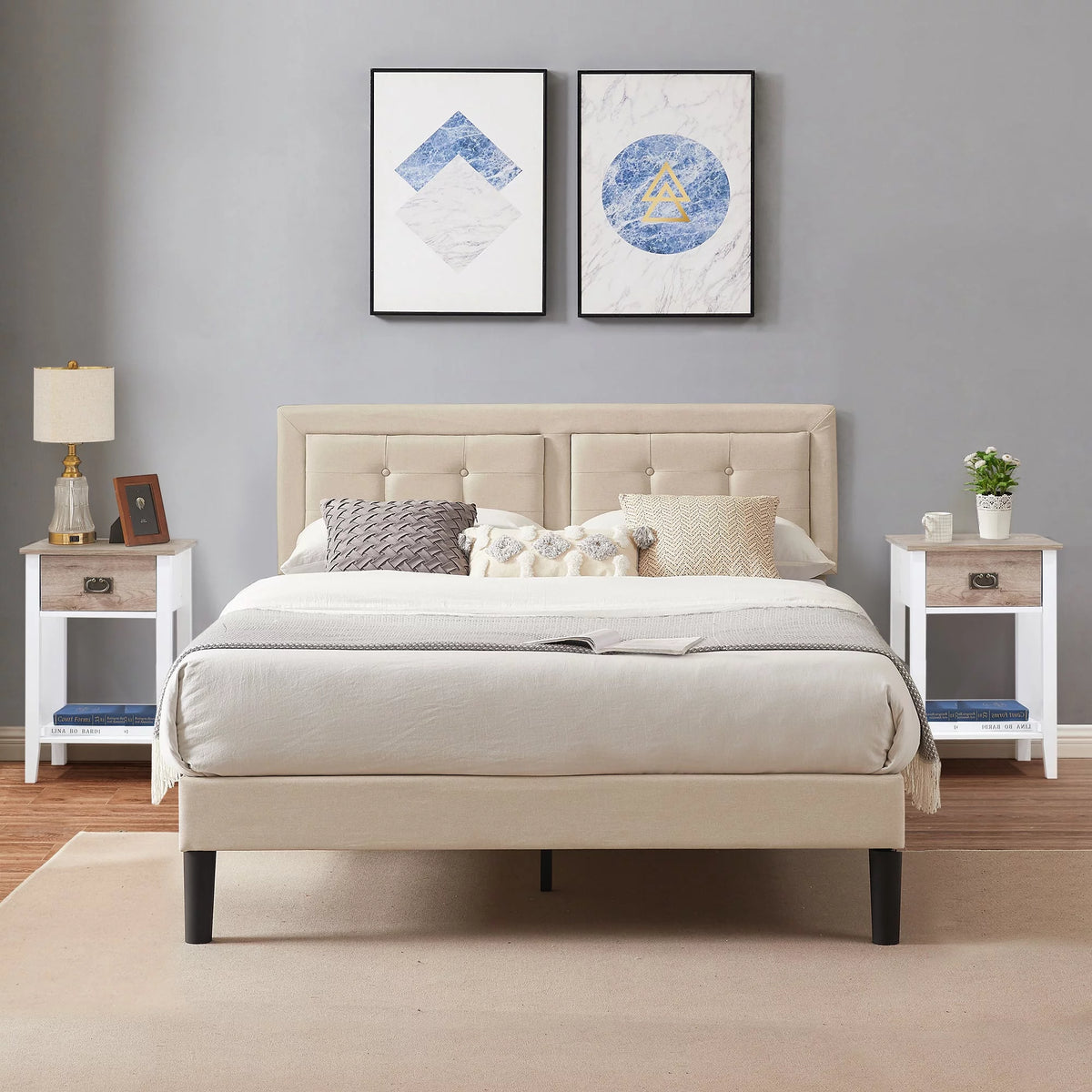 Beige Full Size Bed Frame and 2 Nightstands M152298